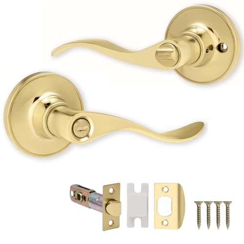 XFORT Cabriole - Juego de pomos de privacidad de latón pulido, perilla de puerta con cerradura para puertas internas de madera de baño, juego completo con pestillo tubular