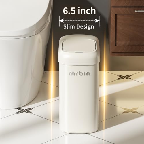 Image of MRBIN Motion Sensor Adsorption Bag Bathroom Trash Can with Lid and Wheels, 10L /2.6gal Automatic Waste Basket Slim Electric Metal Garbage Bin for Office, Bedroom, Rv, Cream White
