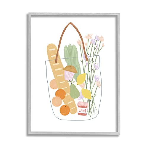 Stupell Industries Chic Shopping Bag Illustration Spring Market Grocery Grey Framed Wall Art, 24 x 30, Green