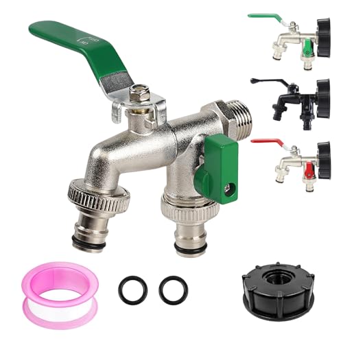 Double Outlet Garden Tap 1/2 Dual Outdoor Taps & Splitter 2 Way Kit - Zinc Alloy Outside Rustproof Antifreeze Faucets with 2 Washer 1 Teflon Tape 1 Ton Barrel CoverGreen