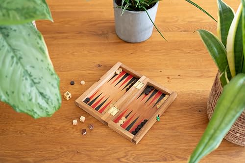 Backgammon + Dame Gr. M - aus Holz mit klappbarem Spielbrett 31 x 25 cm und rot/schwarzen Backgammon-Feldern
