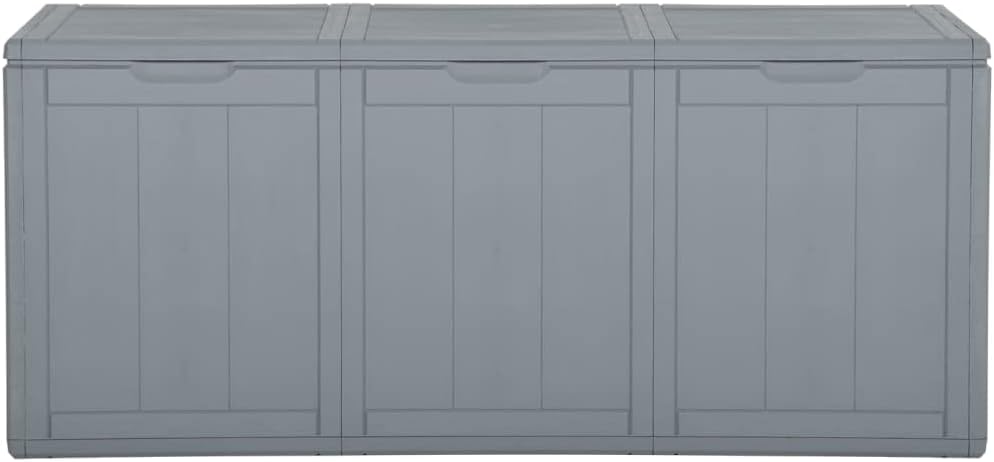 Урд view of the closed grey PP rattan garden storage box.
