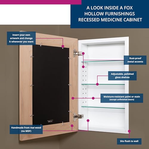 Image of 14x24 Concealed Picture Frame Medicine Cabinet without Mirror for Bathroom, Recessed in the Wall, Made in North America, Real Wood, NO MDF, Adjustable Shelves, Unfinished Raised Edge
