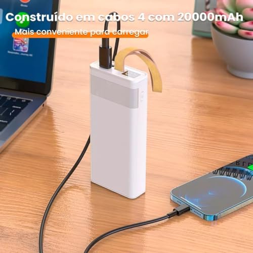 Carregador sem fio Universal Portátil Power bank Turbo 20000mah com 4 cabos saída USB Tipo C/Micro U