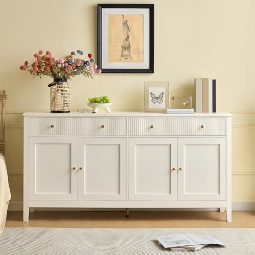 Ktipm Aparador Blanco Elegante con 2 Cajones y 4 Puertas, Armario Cocina Aparadores para Salon con Estante y 5 Patas, Aparador Entrada Mueble Auxiliar Comedor, 160x40x82 cm, Blanco