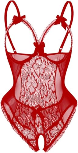 12shage Damen Erotik PU Übergrößen Käfig BH Anziehender Negligee Dessous-Set Reizwäsche Oberteil Lingerie Bodysuit (Rot, S)