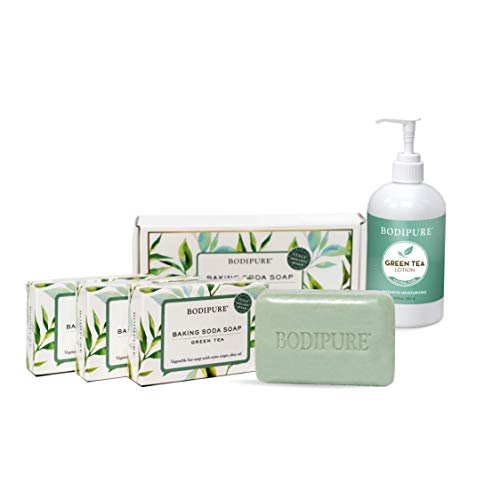 Bodipure All-Natural Green Tea Refreshing Set – 3pk Gentle, Exfoliating, Baking Soda Face and Body Soap 4.4 oz EA - Daily Moisturizing Body and Hand Lotion for Normal to Dry Skin, 12 Ounce