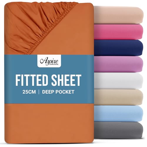 Aspire Homeware Single Fitted Sheet - 25 cm Deep Hotel Quality (Rust) Bed Sheets - Soft & Breathable Fitted Sheet Single Bed - Anti-Wrinkle Easy Care Fitted Sheets