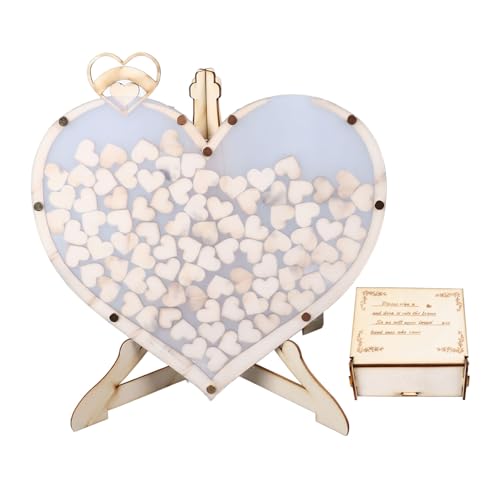 YushiTrading Caja de Madera para Libro de visitas con Marco de Boda con Soporte, Libro de visitas con diseño de corazón romántico para recepción de Boda, 80 Corazones de Madera, Libro de