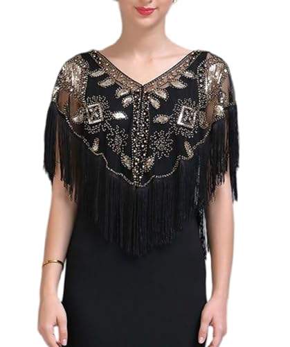 1920s Vintage Lace Sequined Shawl, Women Wraps and Shawls Formal,Black Fringe Trim, Gold Floral Evening Wrap4