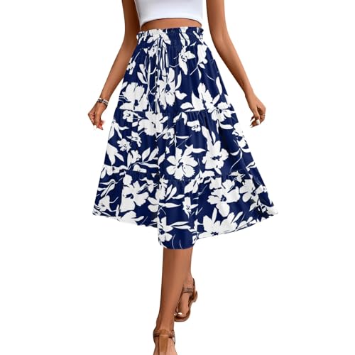 Womens Midi Skirt 2025 Summer Beach Boho Casual High Waist Maxi Skirts Vacation Floral Print Flowy Long Pleated Skirt2
