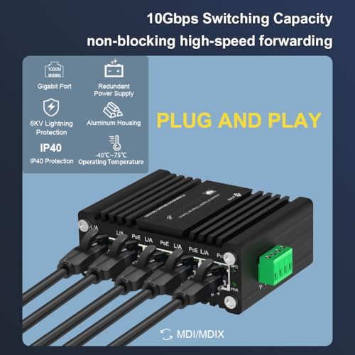 Image of Mini Industrial 4-Port 10 /100 /1000BASE-T 802.3at PoE + 1-Port 10 /100 /1000T Ethernet Switch, Din Rail Unmanaged 10 /100 /1000Mbps Network Switch 30W /Port Max 120W 12-48V DC Thick Shell