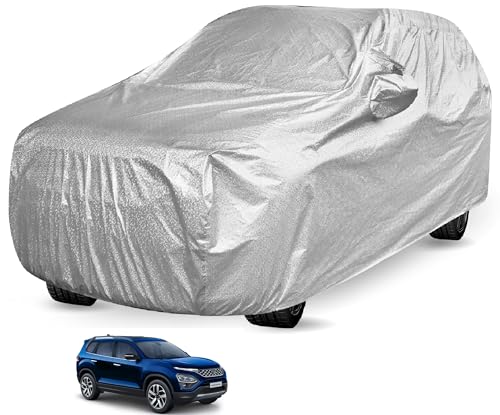 Image of Auto Hub Waterproof Car Cover Compatible with Tata Safari (Model : 2021-Till Date) with Mirror Pocket, Soft Cotton Lining, Waterproof Safari Car Cover- Metallic Silver