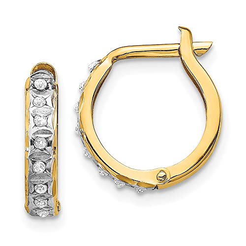 Real 14k Yellow Gold Diamond Fascination Round Hinged Tube Hoop Huggie Earrings - 13mm x 2mm (.01 cttw.)
