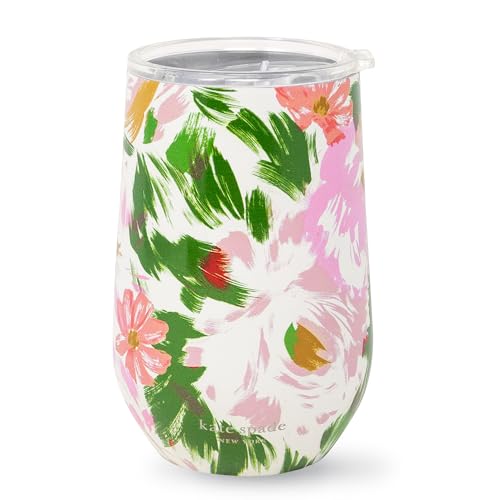 Image of kate spade new york Insulated Stainless Steel Wine Tumbler, 16 Ounce Double Wall Tumbler, Floral Stemless Travel Cup with Lid (Goddess Stripe)