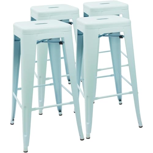 Image of Devoko Metal Bar Stools 30 inch Indoor Outdoor Stackable Barstools Modern Style Industrial Vintage Counter Bar Stools Set of 4 (30 inch, Blue)