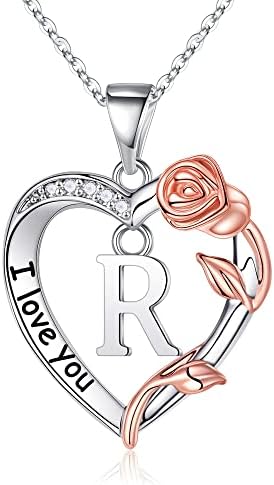 Rose Heart Initial Necklaces Gifts for Women Girls, I Love You Rose Love Heart Initial Letter Pendant Necklace Jewelry Mothers Day Anniversary Valentines Christmas Birthday Gifts for Women Girls