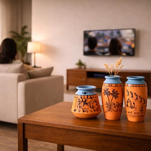 Image of Aakriti Art Creations Desert Safari Terracotta Clay Vase Set of 3 | Handcrafted Warli Art Tribal Decor for Home | Matte Finish Orange Decorative Vases for Living Room, Table Decor & Gifting