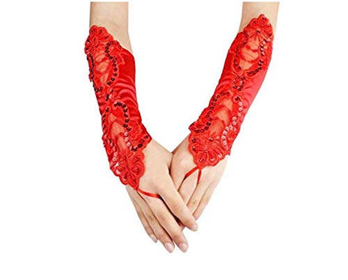 Fingerless Gloves Lace Bride Wedding Party Gloves Girl Women’s Satin Gloves for Bride Evening Party Red