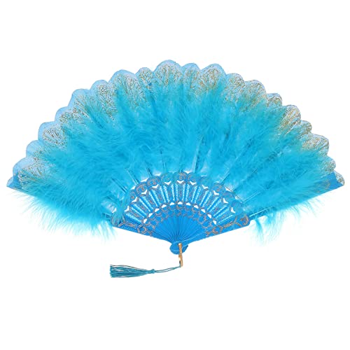BABEYOND Marabou Feather Fan 20s Vintage Folding Fan Flapper Hand Fan for Costume Dancing (Light Blue)