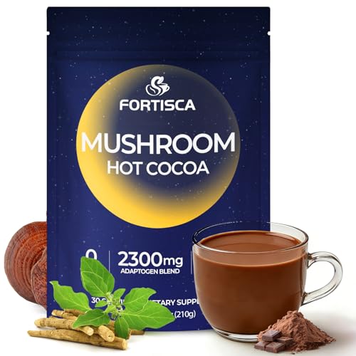 Mushroom Hot Cocoa Powder Magnesium Glycinate L-Theanine Reishi Tryptophan Ashwagandha Sleep Hot Chocolate Supplement for Calm Relax Sleep & Stress Support Mushroom Coffee 210g