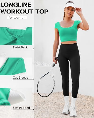 Image of DaiLiWei Open Back Workout Tops for Women Short Sleeve Longline Sports Bras Support Crop Tank Yoga Shirts with Built in Bra