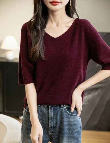 Women's V-Neck 100% Merino Wool Spring Fall Winter First-Line Ready to Wear Seamless Knit Shirt Short Sleeve Sweater4