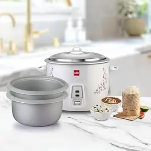 Cello Iris Rice Cooker | 1.8 Liter Electric Rice Cooker 700 Watt | 2 Aluminium Cooking Bowl | Trivet Plate for Perfect Rice Cooking | Auto Keep Warm Mode for Keeping Food Hot | White