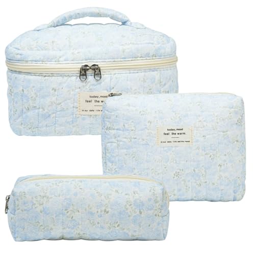 Slpytc Large Floral Makeup Bag for Women, Quilted Cosmetic Toiletry Organizer, Travel Makeup Bag Set for Girls, Cute Cotton Bag for Back to School (Green Leaved Orchid)