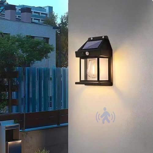 Outdoor Solar Vintage Wall Light Motion Sensor IP65 Waterproof Wall Lamp Filament Security Wall Sconce for Door Shed Patio Garage Yard Outside Decorative Porches Pathway 3000K (Black,Warm Light)