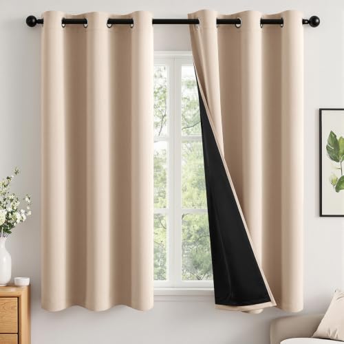 Image of MIULEE Beige 100% Blackout Curtains for Bedroom 40x45 Inch Length 2 Panels | 2 Thick Layers Thermal Insulated Short Curtains with Black Liner, Noise Reducing Grommet, Drapes for Living Room