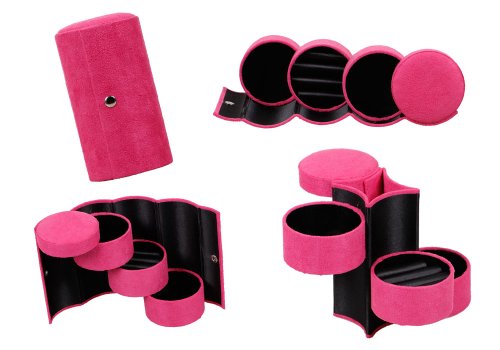 Bundle Monster 3 Tier Compartment Mini Velvet Travel Roll Up Jewelry Box Case Organizer Holder with Snap Closure - ULTRA PINK