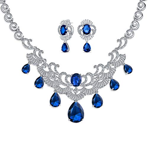 Vintage Estate Jewelry Set Art Deco Style Baguette Aaa Cz Simulated Sapphire Blue Large Dangling Teardrops Bib Statement Bridal Collar Necklace Earrings For Women, Pageant, Wedding #TOP17