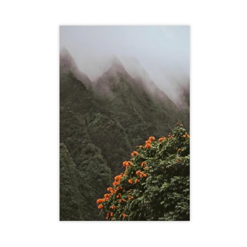 Toile paysage tropical hawaïen et montagne dans le brouillard pour salon 50x76 cm