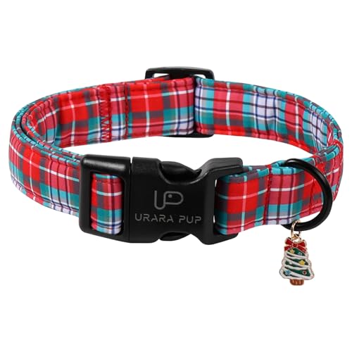 Image of Christmas Dog Collar, Red and Green Plaid Adjustable Pet Collar with Snowflake Charm, Holiday Dog Accessories for Small Medium Large Dogs