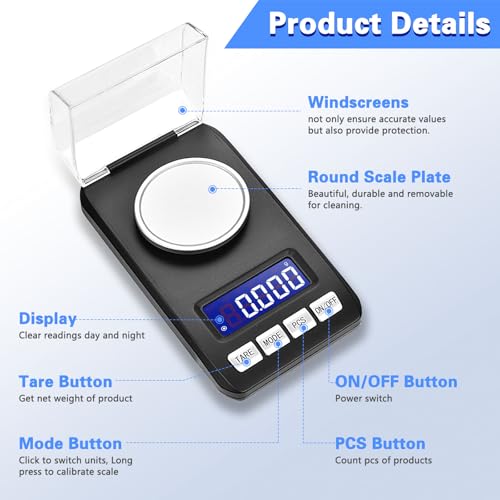 Digitale Milligramm-Waage Taschenwaage Präzisions-Mg-Waage 0.001g/50G Feinwaage von Pulvern, Schmuck, Medizin, Taschenwaage mit Pinzette
