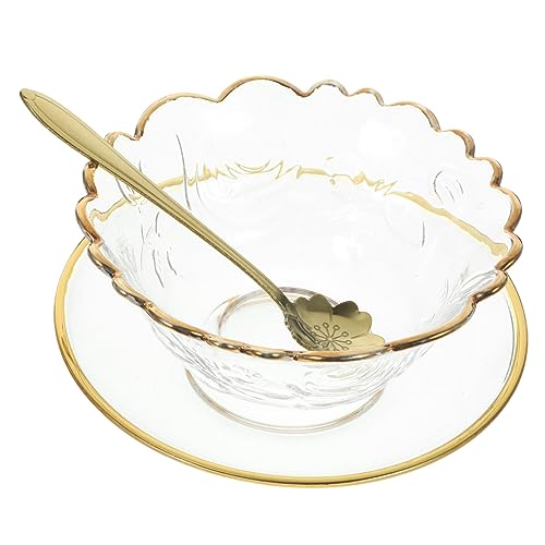 BAZEITFLOW Cuencos de Vidrio Borde Dorado para Servir, Tazón Grande para Ensaladas y Postres, Juego de 3 Piezas Cuchara Dorada, Apto para Fiestas y Uso Doméstico