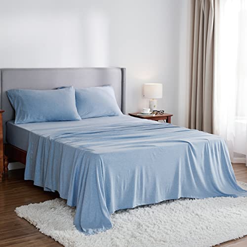 Bedsure Jersey Knit Sheets Full Set Spa Blue - 100% Cotton T Shirt Bed Sheets For Full Size Bed, 4 Pc Cotton Stretchy Sheets #TOP7