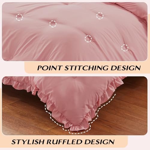Image of HARBOREST Queen Comforter Set - Pink Ruffle Comforter for Queen Size Bed, Fluffy Comforter Set, 3 Pieces Shabby Chic Bedding with 1 Comforter & 2 Pillow Shams