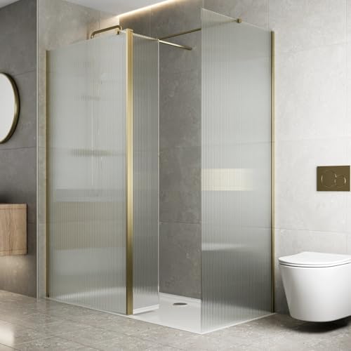 Baystone 1000 & 700mm Wet Room Shower Screen Panels 8mm Toughened Safety Easy Clean Glass Walk in Shower Enclosure + Hinged Return Panel, Brushed Brass