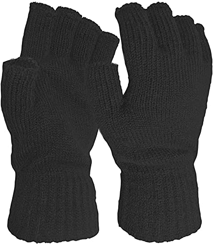 Tomsey Unisex Black Mens Womens Fingerless Or Full Finger Thermal Lined Gloves Winter Thick Wool Knit Extra Warm (Womens, Fingerless, )