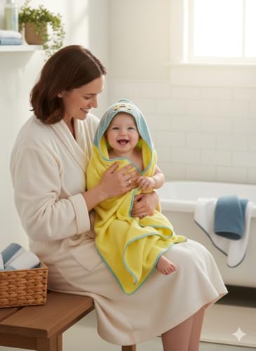 Image of Ultra-Soft Baby Hooded Towel - Coral Velvet Wrap Your Little One in Softness and Joy, Hypoallergenic & Super Absorbent Bath Wrap for Newborns & Toddlers |Cute Animal Design(0-5 Years)(Yellow&BLue)