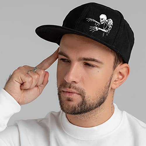 Snapback Hat For Men Skull Hat Flat Bill Hats For Men Skeleton Fingers Adjustable Wide Brim Black Baseball Hat Trucker Cap Fitted Hats For Men Women Snap Back Bone Mens Caps Gift Hip Hop Cool Rock #TOP3