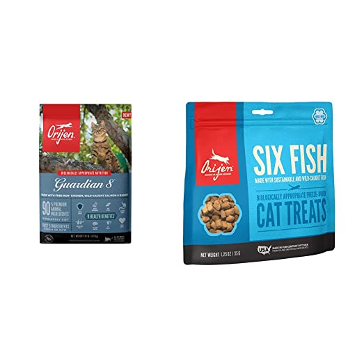 Orijen® Dry Adult Cat Food, Grain Free, Premium, High Protein, Fresh & Raw Animal Ingredients, Guardian 8, 10Lb Freeze Dried Cat Treats, Six Fish, 1.25Oz #TOP17