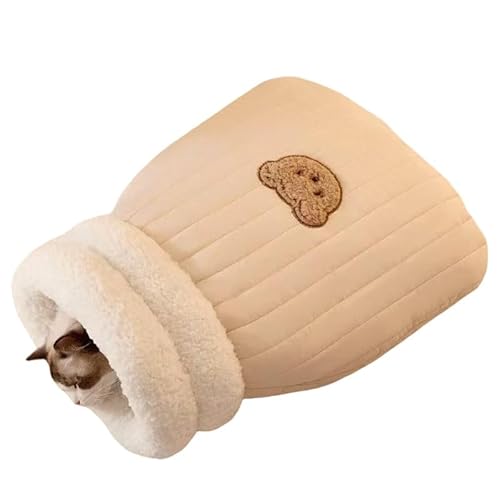 猫ベッド 猫用寝袋 オープン型 冬 防寒 保温 ペットベッド 撥水 コットンファー 素材 日光干し 手洗い キャットハウス ホワイト M(ライトブラウン,M)
