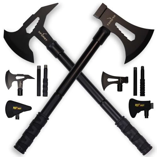 Xforst Set de Hachas X-TM2 + X-TM3 – Hachas de Doble Cara en Acero al Carbono para Camping, Supervivencia y Bushcraft | Mango Antideslizante y Funda Protectora