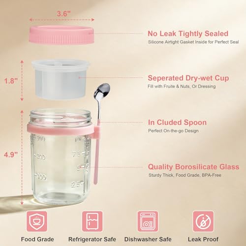 Image of 4 Pack Overnight Oats Containers with Lids and Spoons - 16 oz Glass Mason Jars with Dressing Cup, Over night Oat Jars for Meal Prep, Yogurt Parfait Cup for Chia Seed Salad (Pink)