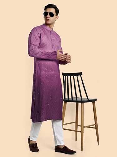 Image of Vardha Men's Cotton Chikankari Embroidered Kurta with Full Sleeves and Knee Length Design and Elegant Sequence Work | Kurta for Men