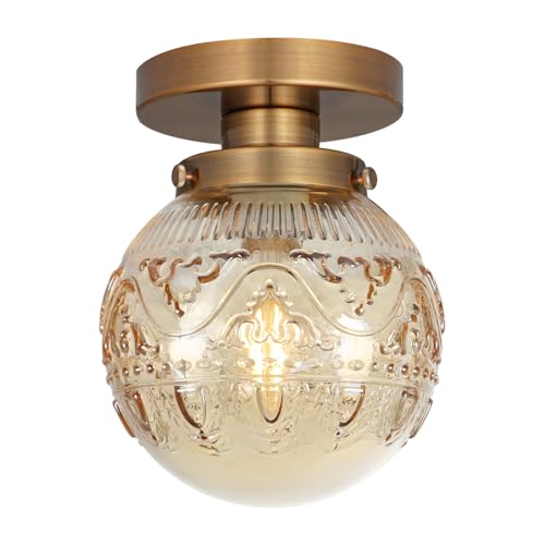 Daunton Semi Flush Mount Ceiling Light Gold Vintage Kitchen Ceiling Lighting Fixture Amber Globe Glass Close to Ceiling Light Modern Hallway Lighting for Bathroom Bedroom Corridor Entryway