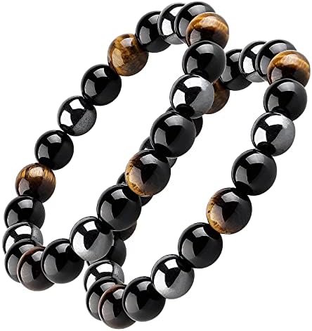 Triple Protection Bracelet, Black Obsidian Tiger Eye Stone Hematite Wealth Bracelets for Men Women for Bring Luck and Prosperity, Beaded Buddha Healing Crystals Rope Stretch Bracelet (10mm-7inch)